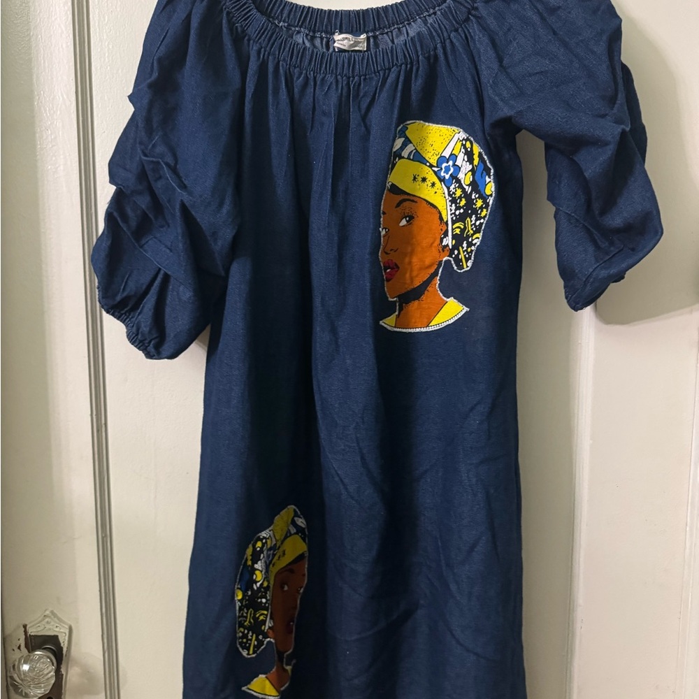 Blue Off-Shoulder Dress with Artistic Print
